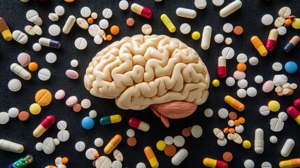 A brain surrounded by scattered pills, symbolizing brain disease and mental health issues.