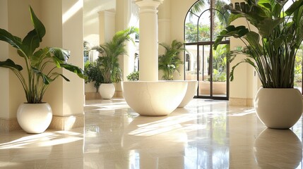 Fototapeta premium A bright lobby featuring elegant white marble tables and lush potted plants creates a sophisticated and welcoming atmosphere.