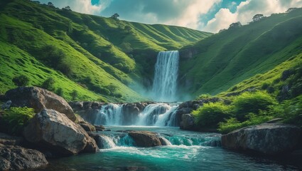 Fototapeta premium A scenic mountain waterfall descends through vibrant green meadows. The clear water spills over rocks, forming a tranquil and invigorating natural setting beneath a bright blue sky.