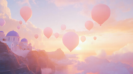 Colorful hot air balloons at sunrise over santorini greece aerial photography serene landscape