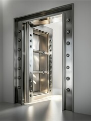 Secure Entrance: A grand, imposing, and secure vault door, exuding strength and protection, stands ready within a pristine architectural space.