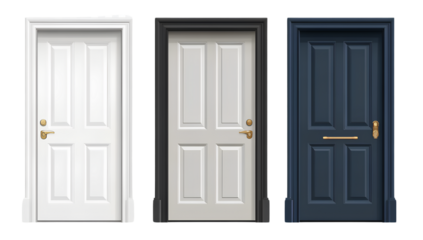  3 different doors: a white door, a grey door, and a dark blue door, all set against a transparent background png