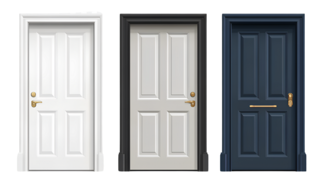  3 different doors: a white door, a grey door, and a dark blue door, all set against a transparent background png