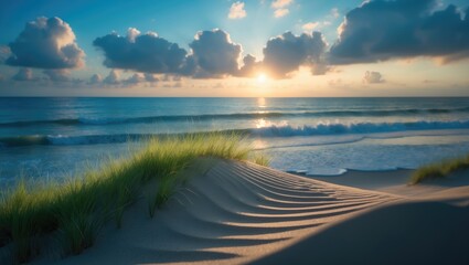 Obraz premium Evening perspective on a small sand dune with green grass. Sandy beach by the sea. Blue skies adorned with white clouds.