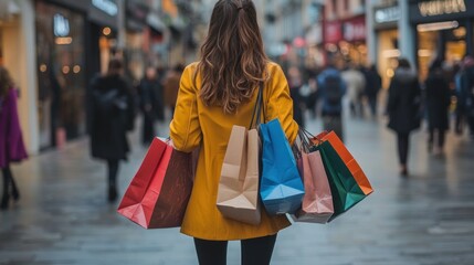 Woman walking on a city street carrying many colorful shopping bags after purchases