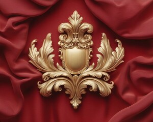 Fototapeta premium A decorative golden crest set against rich red fabric, featuring intricate leaf patterns and an ornate shield design.