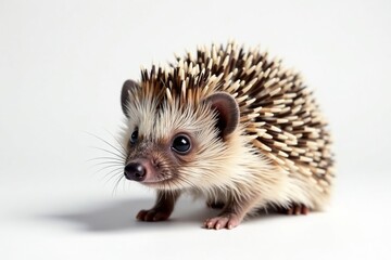 A solitary hedgehog on bright white backdrop, showing fine details, pet, illustration, skin