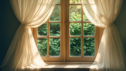 Elegant window with pulled-back curtains letting natural light fill the room.