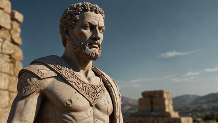Obraz premium A statue of Petrakos, the stone soul, wielding a cracked stone blade, his forehead engraved with the sigil of decay