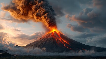Erupting Volcano Against Dramatic Sky with Lava Flow and Ash Cloud in Stunning Landscape at Dusk