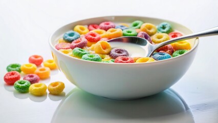 Colorful Breakfast Cereal in Milk Bowl with Spoon - Stock Photo
