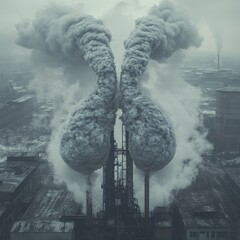 Air pollution, ecological disaster. Illustration of lungs from smoke. Emissions of greenhouse gases, toxins, heavy metals, carbon dioxide into the air. Pollution of the atmosphere.
