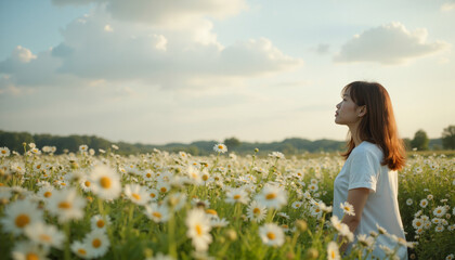 Woman gazing thoughtfully in a flower field under a sunny sky  