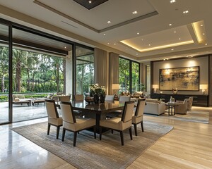 Fototapeta premium Step into a realm of refined living where warm earthy tones converge with stylish interior accents, creating an inviting dining space that exudes modern charm and sophistication Natural light
