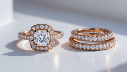 Naklejka premium diamond engagement ring and diamond eternity band rings arranged on white background