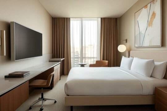 A modern hotel bedroom with desk and a large television