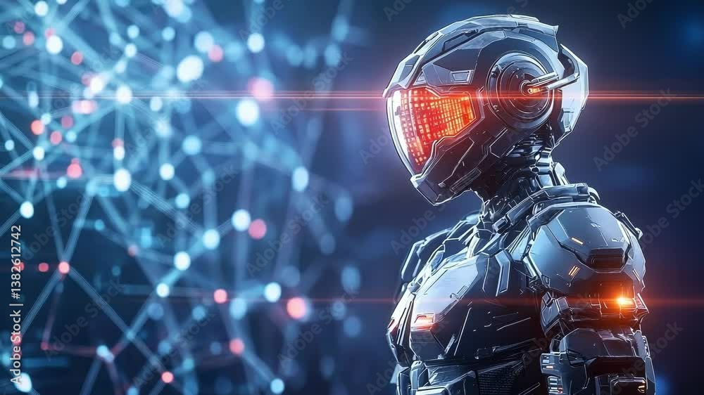Poster advanced robot with glowing visor and armor stands vigilant against a backdrop of interconnected net