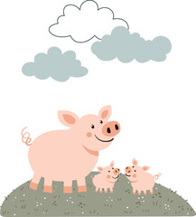 Vector illustration of a pig with piglets in a whimsical style. Cute farm animal family composition on white background. Perfect for children’s designs, prints, and rural-themed projects.