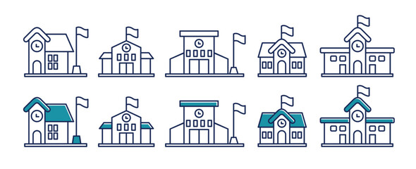 School building outline clipart set. University classroom drawing art line icon clip art schoolhouse building for students education in rural and urban logotype elements vector illustration.

