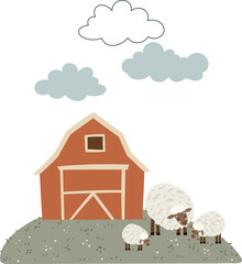 Vector illustration of a barn with a sheep and lambs in a whimsical style. Charming farm animal composition on white background. Ideal for kids’ projects, prints, and countryside-themed designs.