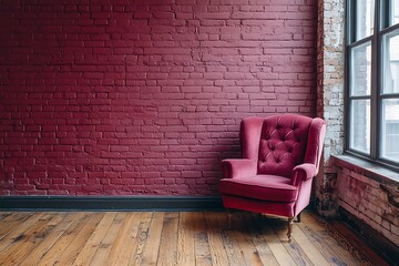 An armchair sits near a window. A brick wall is nearby. The floor is wooden.