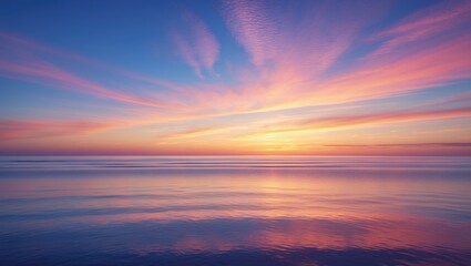 Naklejka premium Sunset, Evening Sky with Dramatic and Beautiful Clouds at Twilight over the Beach, Majestic Deep Blue Sky Nature Background, Colorful Cloud, Idyllic Calm Dusk Sunlight.
