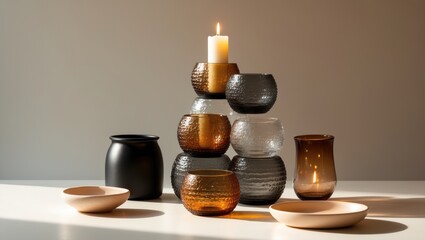 Scandinavian candle holder for decor. Coffee table styled. Living room. Home decoration. Scandinavian design. Product design. Apartment decor. Cozy and comfortable. White candle.