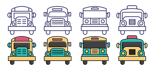 School bus drawing clipart icon set. Bus outline educational vehicle clip art collection in flat hand drawn printable coloring book for students and pupils vector illustration.

