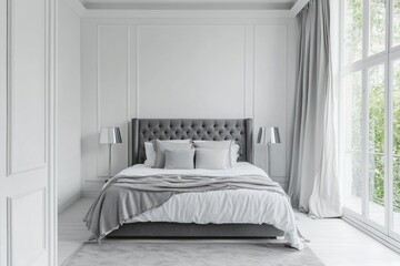 Elegant bedroom interior featuring a large upholstered bed and large windows