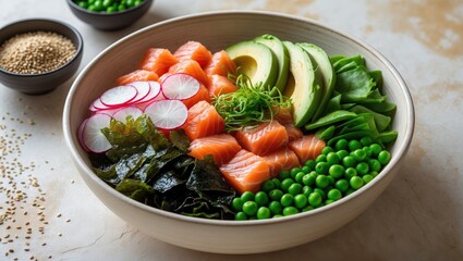 Raw Organic Ahi Salmon Poke Bowl from a bird's-eye perspective.