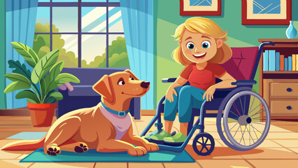 Obraz premium Cute service dog lying near woman in wheelchair at home