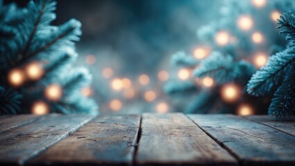 Fir branches covered in snow with a wooden table and festive bokeh effect.