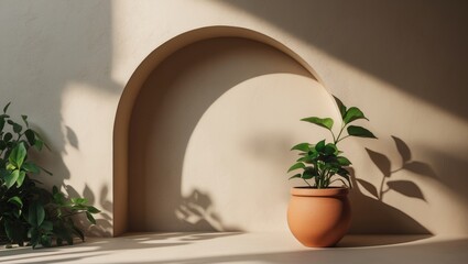Empty stucco wall texture featuring shade and a clay pot. Background highlighting traditional home exterior. Architecture design showcasing a neutral rustic aesthetic.