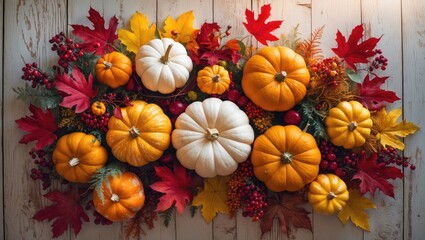 Fototapeta premium Festive autumn decoration featuring pumpkins, berries, and leaves on a white wooden surface. Flat lay autumn arrangement with space for text.