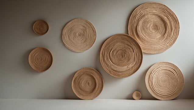 Rattan basket wall decoration style. Eco-friendly trendy room adornment. Copy space.