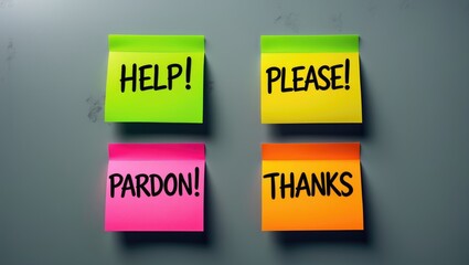 Four sticky notes featuring different polite words are arranged on a gray background.
