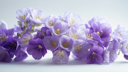 Obraz premium First spring flowers, Anemone hepatica set against a white background. Border of wild forest flowers in blue and violet.