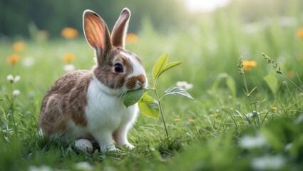 Rabbit sitting in meadow and munching on leaf. Close-up of a lovely bunny nibbling on greenery. Adorable furry pet bunny enjoying a meal on a summer day.