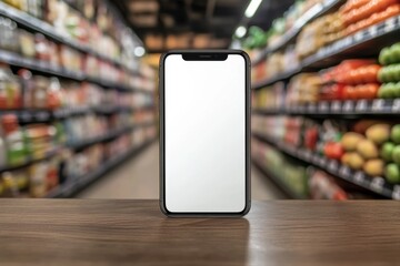 Blank white screen of a smartphone displayed on a wooden table amidst blurred supermarket aisles