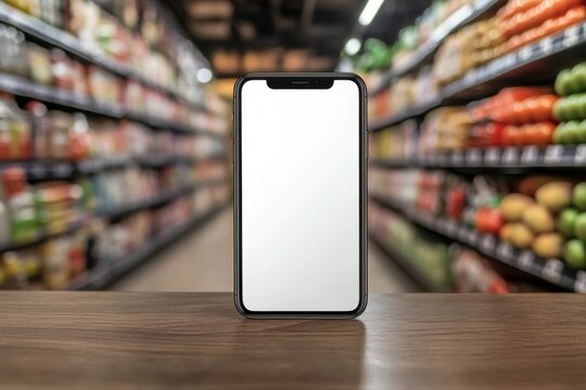 Blank white screen of a smartphone displayed on a wooden table amidst blurred supermarket aisles