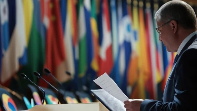 A closeup of a leader taking notes with a backdrop of flags representing various nations highlighting the urgency of the situation as they jot down key points during a tense moment