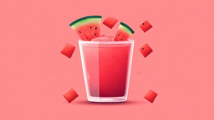 Refreshing Watermelon Drink with Slices and Cubes on Pink Background