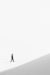 Solitary figure walking endlessly in an infinite white void, casting a long soft shadow in a minimalistic, surreal, and thought-provoking atmosphere Generative AI