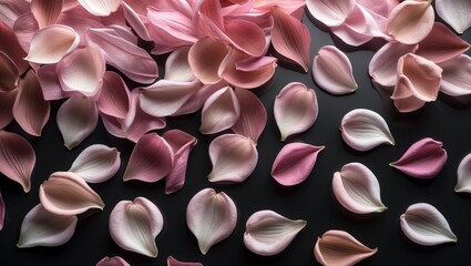 Cyclamen Petal Movement, A close-up image of soft pink petals elegantly floating on a dark backdrop, forming an abstract and airy composition.
