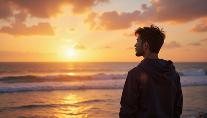Fototapeta premium Young man contemplating sunset by the ocean 