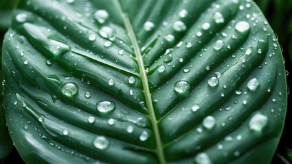 Raindrops on Leaves Featuring the Refreshing Essence of Nature Following a Rain Shower, Emphasizing the Lush Green and Organic Patterns