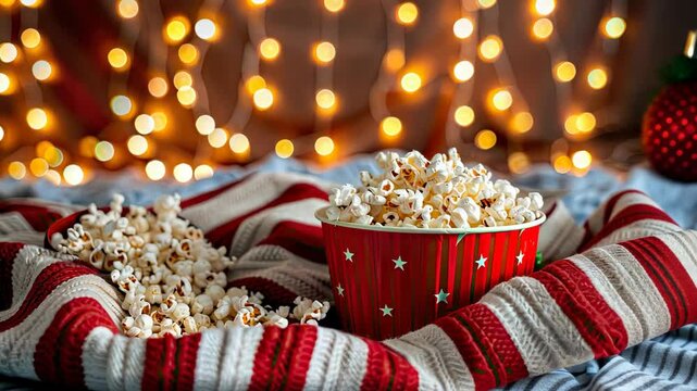 Enjoying a warm bowl of popcorn amidst twinkling lights on a cozy winter evening, perfect for gatherings or a relaxing night in