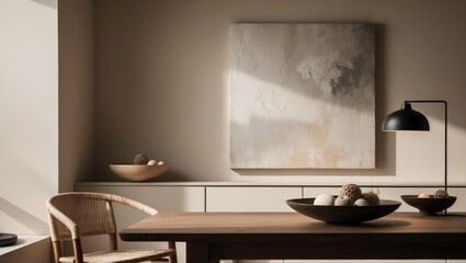 Cozy arrangement of workplace interior space featuring a mock-up frame, wooden desk, rattan chair, black lamp, books, patterned carpet, marble bowl, and personal accessories. Home decor. Template.