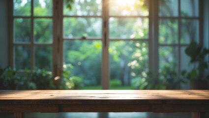 Empty wooden tabletop with a blurred window sill and kitchen shelf backdrop.