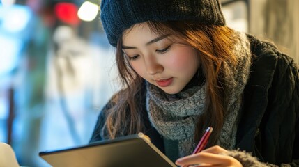 Young Asian woman thoughtfully engages with her tablet during a winter evening